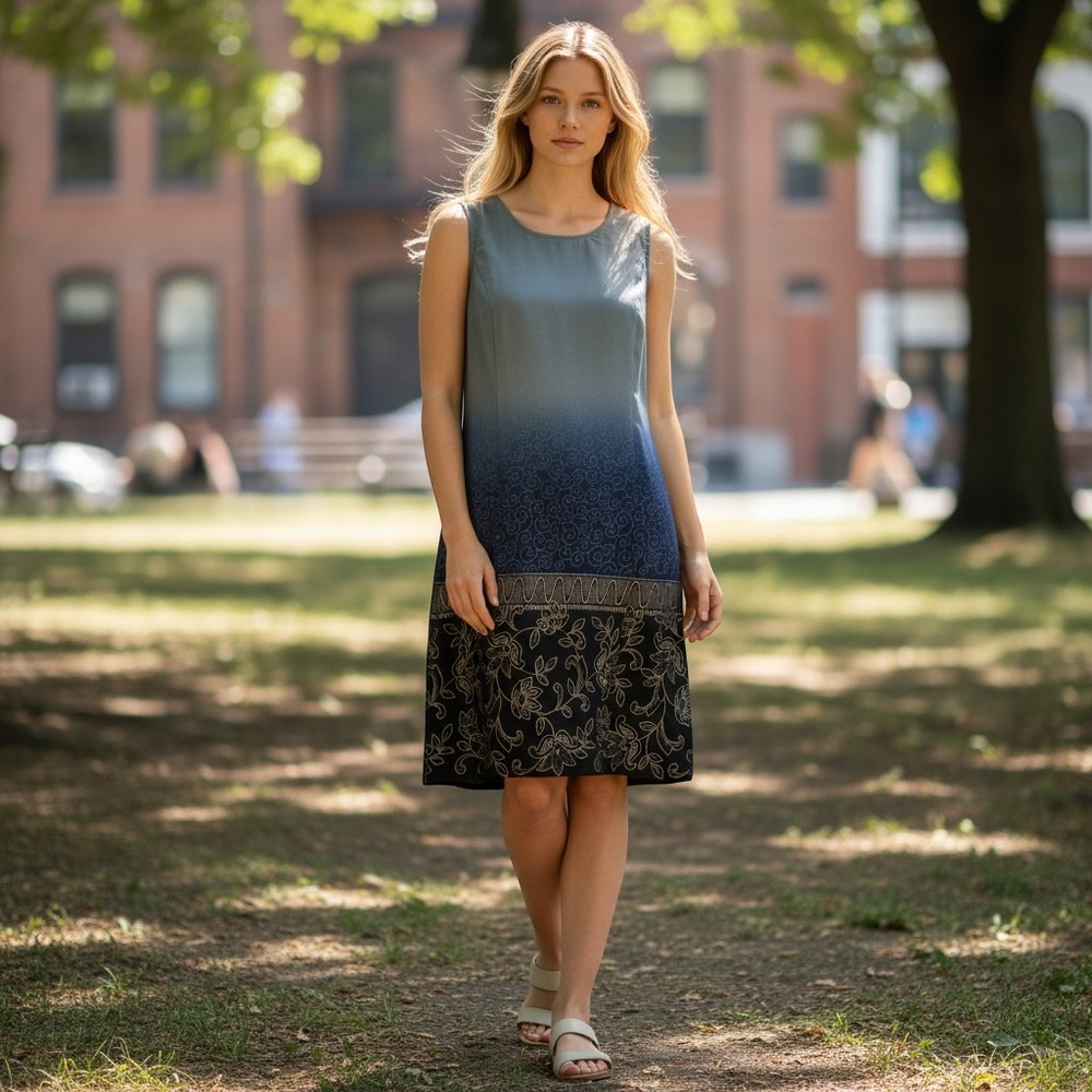 246. Blue Ombre Sleeveless Shift Dress Gold Floral‎ Filigree Scroll Print Knee